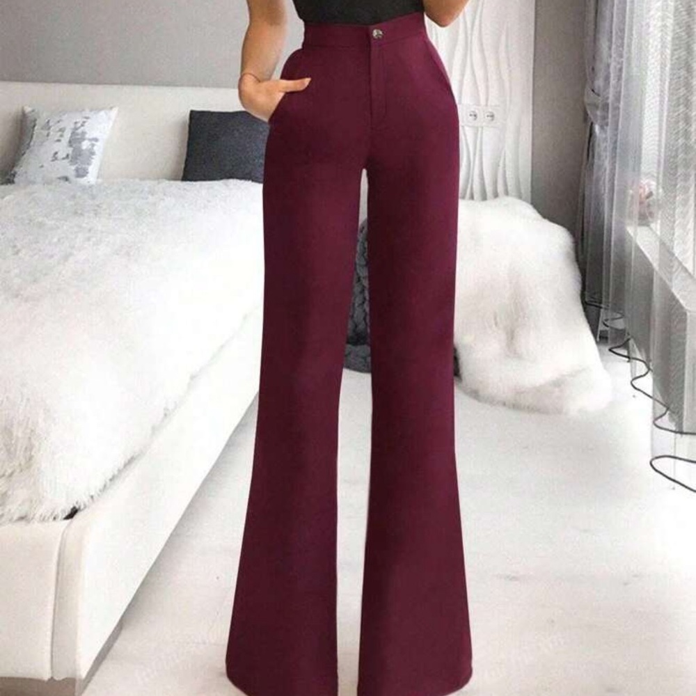 Solid Color Double-Pocket Button Zip Office Ladies Elegant Micro-Bell Pants